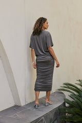 Model wearing Esme Short Sleeves Crew Rib T-Shirt in Stone Gray back shot