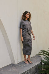 Model wearing Esme Short Sleeves Crew Rib T-Shirt in Stone Gray side shot