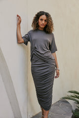 Model wearing Esme Short Sleeves Crew Rib T-Shirt in Stone Gray close shot