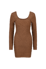 CURAAE Avery Long Sleeve Textured Fitted Scoop Mini Dress In Coco product shot