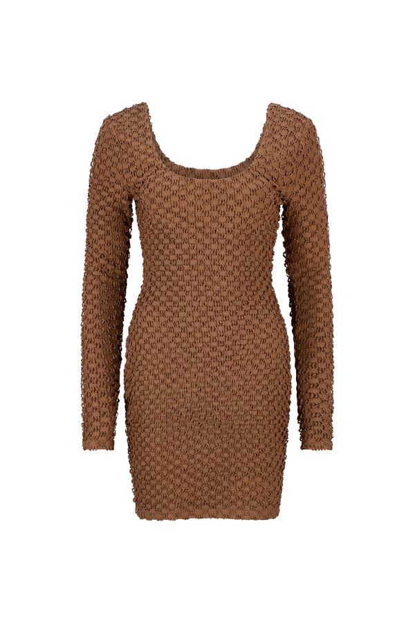 CURAAE Avery Long Sleeve Textured Fitted Scoop Mini Dress In Coco product shot