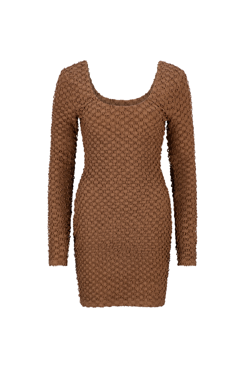 CURAAE Avery Long Sleeve Textured Fitted Scoop Mini Dress In Coco product shot