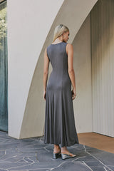 Model wearing Celeste Sleeveless Midi Dress In Stone Gray back shot