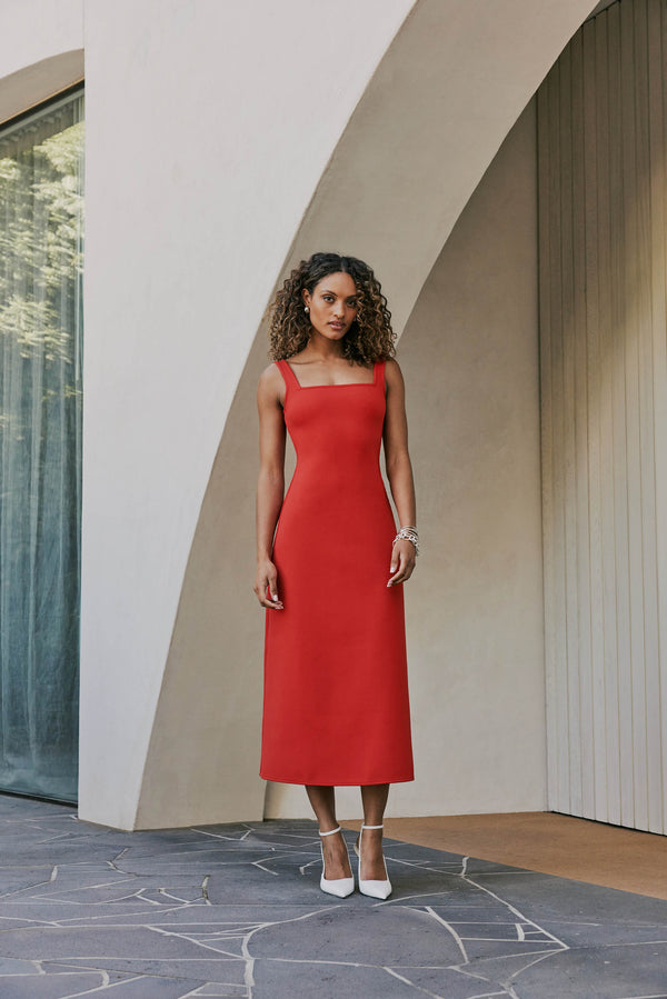 model wearing CURAEE Mia Midi Dress In Cherry Red front shot