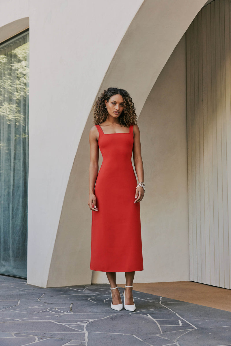 model wearing CURAEE Mia Midi Dress In Cherry Red front shot