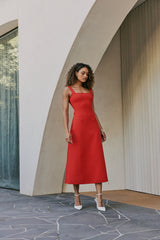 model wearing CURAEE Mia Midi Dress In Cherry Red front shot