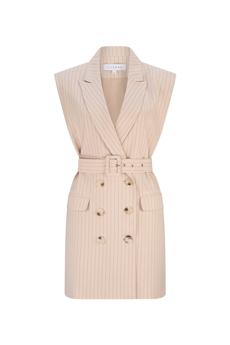  Solene Vest Pinstripe Mini Dress in Beige