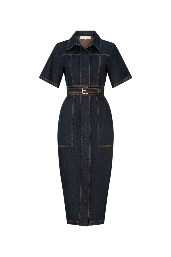 CURAAE Elysia Midi Shirt Belt Denim Dress In Ink product shot