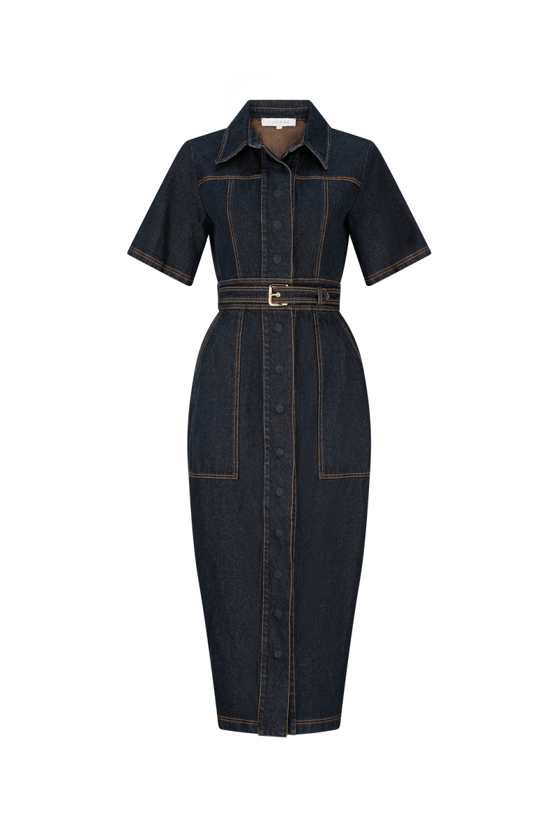 CURAAE Elysia Midi Shirt Belt Denim Dress In Ink product shot 