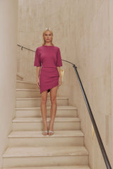 Blonde model wears Peony Short Sleeve Mini Dress in Pink front shot