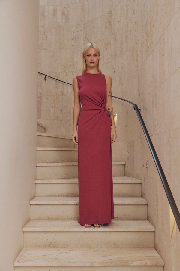 Blonde model wears Kendall Sleeveless Maxi Dress in Pink front shot