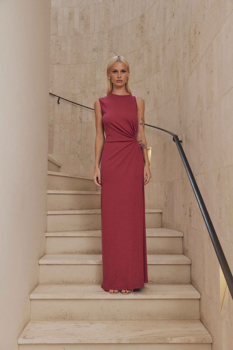 Blonde model wears Kendall Sleeveless Maxi Dress in Pink front shot