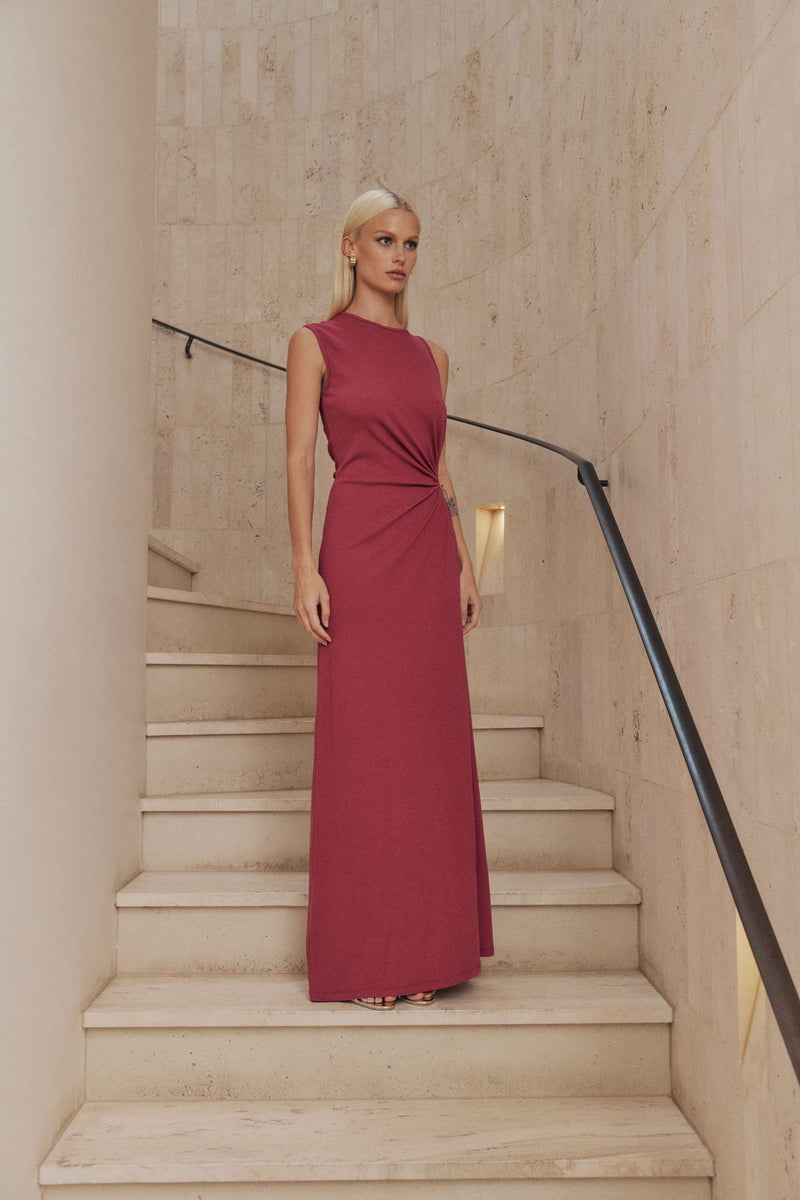 Blonde model wears Kendall Sleeveless Maxi Dress in Pink side shot