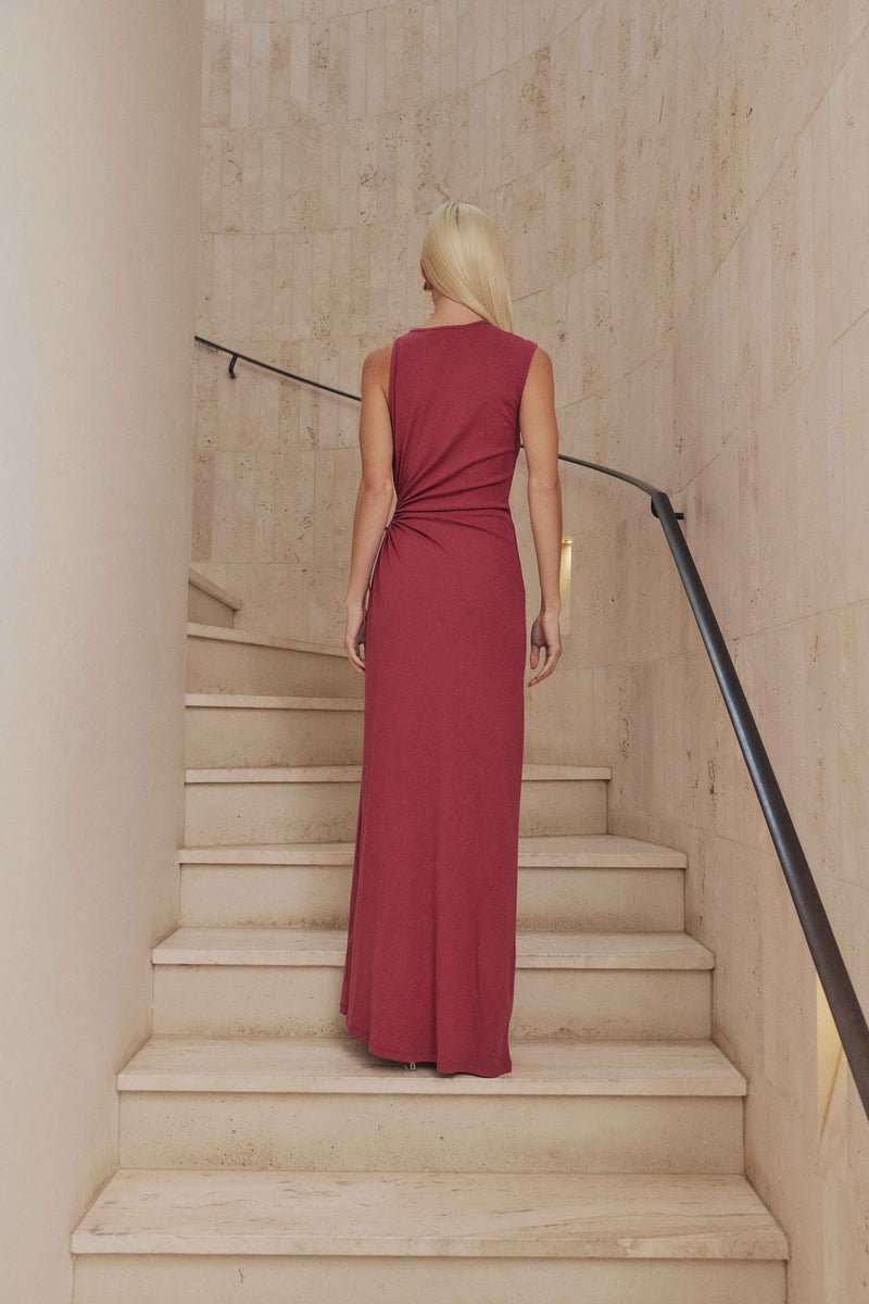 Blonde model wears Kendall Sleeveless Maxi Dress in Pink back shot