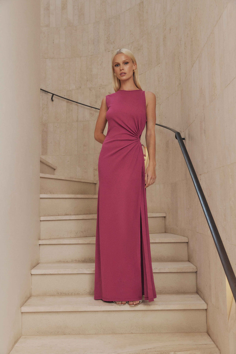 Blonde model wears Kendall Sleeveless Maxi Dress in Pink front shot