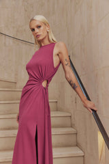 Blonde model wears Kendall Sleeveless Maxi Dress in Pink close up shot