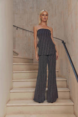 Blonde model wears Liberty Striped Knit Set in Grey front shot