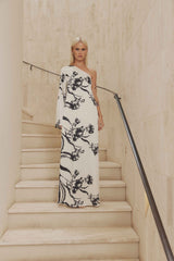 Blonde model wears Matilda Satin Maxi Dress front shot