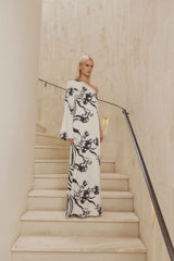 Blonde model wears Matilda Satin Maxi Dress side shot