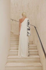 Blonde model wears Matilda Satin Maxi Dress back shot