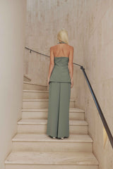 Blonde model wears Houston Wide Leg Pants in Green back shot