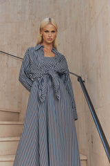 Blonde model wears Perry Oversized Button up Shirt in Navy Stripe close up shot