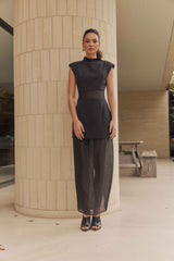 Brunette model wears Bond Sleeveless Mesh Maxi Dress in Black front shot