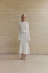 Blonde model wears Carrie Knit Set in White front shot