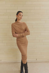 Brunette model wearing Edin Knit Midi Dress side shot