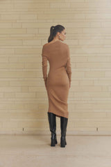 Brunette model wearing Edin Knit Midi Dress back shot