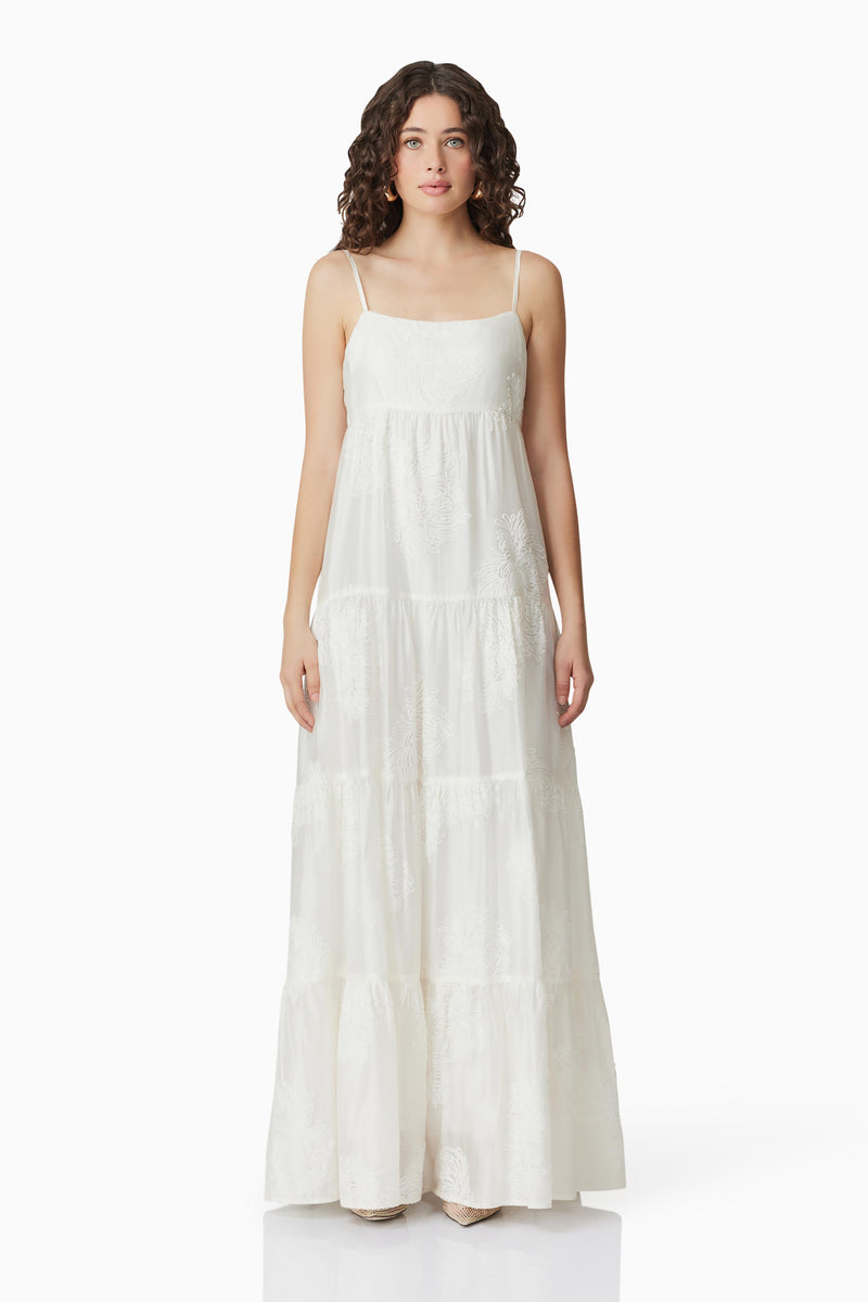 Brunette model wearing Grace Maxi Dress in White front shot