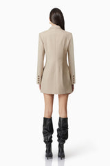 Brunette model wearing Zara Blazer Dress in Beige back shot