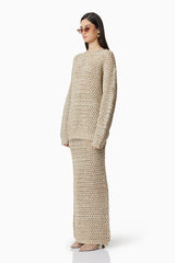 Brunette model wearing Hazel Knit Sweater in Beige side shot