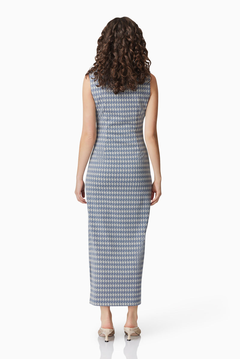 Brunette model wearing Diana Midi Dress In Blue & White back shot