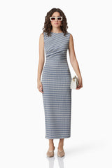 Brunette model wearing Diana Midi Dress In Blue & White front shot