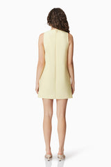 Brunette model wearing Lucille Mini Shift Dress In Yellow back shot