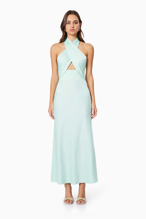 Aria Halter Satin Maxi Dress in Blue