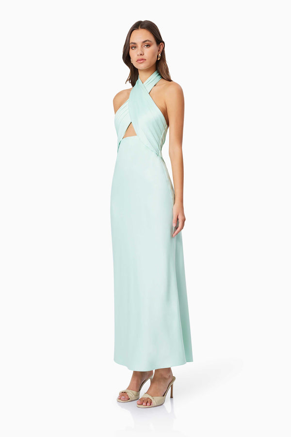 Aria Halter Satin Maxi Dress in Blue