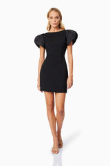 Blonde model wearing Eden Day Mini Dress in Black front shot