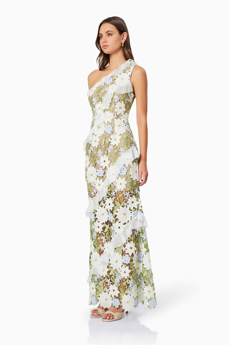 Brunette model wearing Flora One Shoulder Lace Maxi Dress in Green side shot