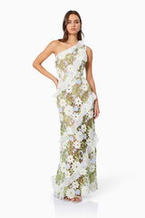 Brunette model wearing Flora One Shoulder Lace Maxi Dress in Green front shot