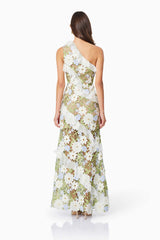 Brunette model wearing Flora One Shoulder Lace Maxi Dress in Green back shot