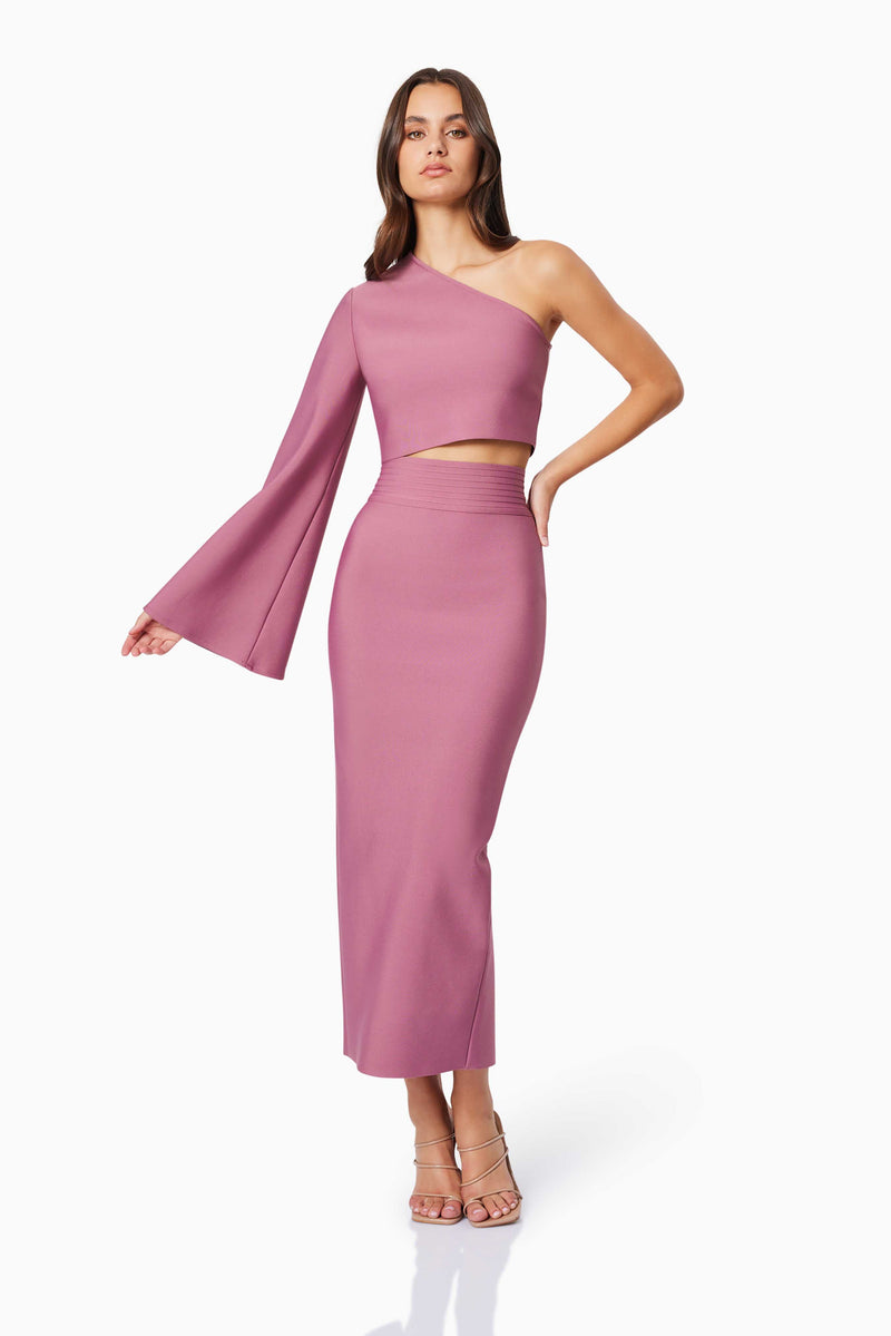 Brunette model wearing Vera Midi Set in Pink front shot