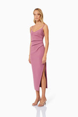 blonde model wearing VERA FITTED MAXI DRESS in PINK side shot