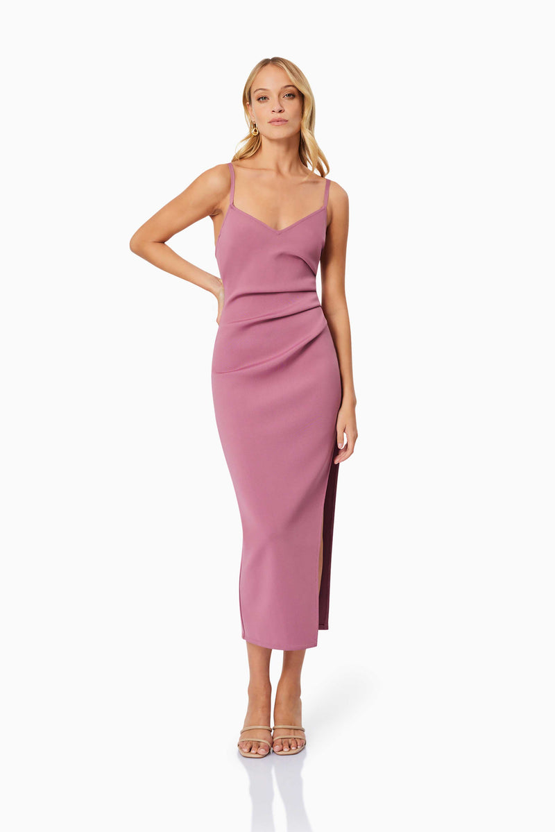 blonde model wearing VERA FITTED MAXI DRESS in PINK front shot