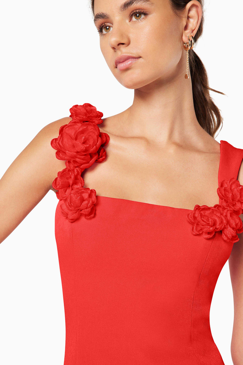 model wearing TROMPE 3D FLORAL MINI DRESS RED close up shot