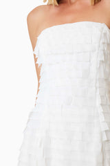 model wearing Hailey Strapless Mini Party Dress In White close up shot