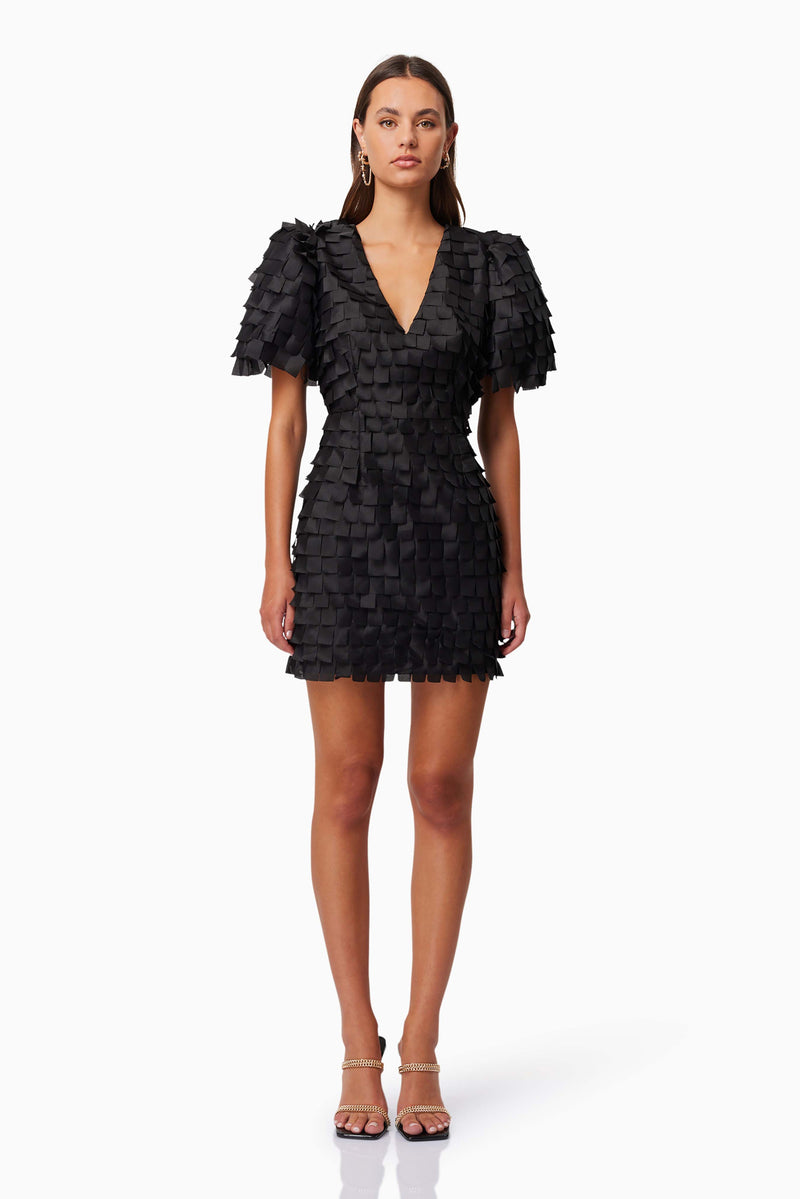 model wearing Hailey Textured 3D Mini Dress In Black front shot