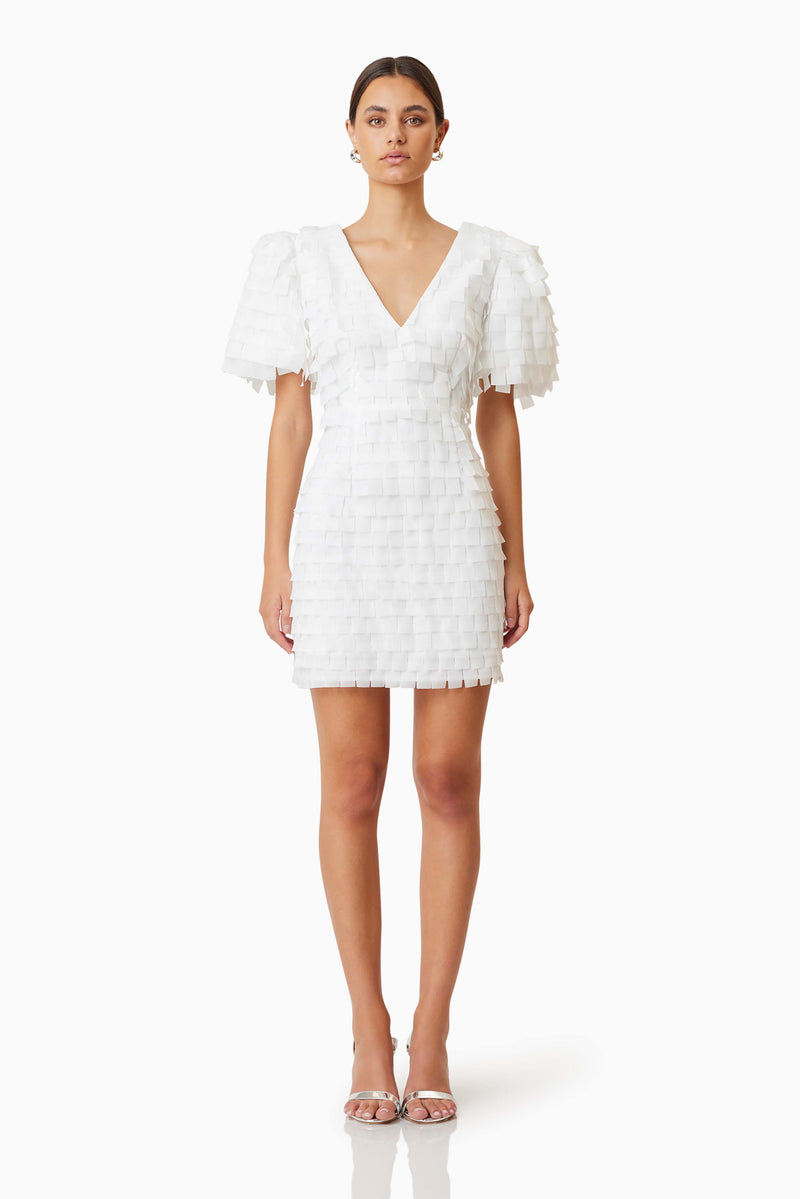 model wearing Hailey Textured 3D Mini Dress In White front shot