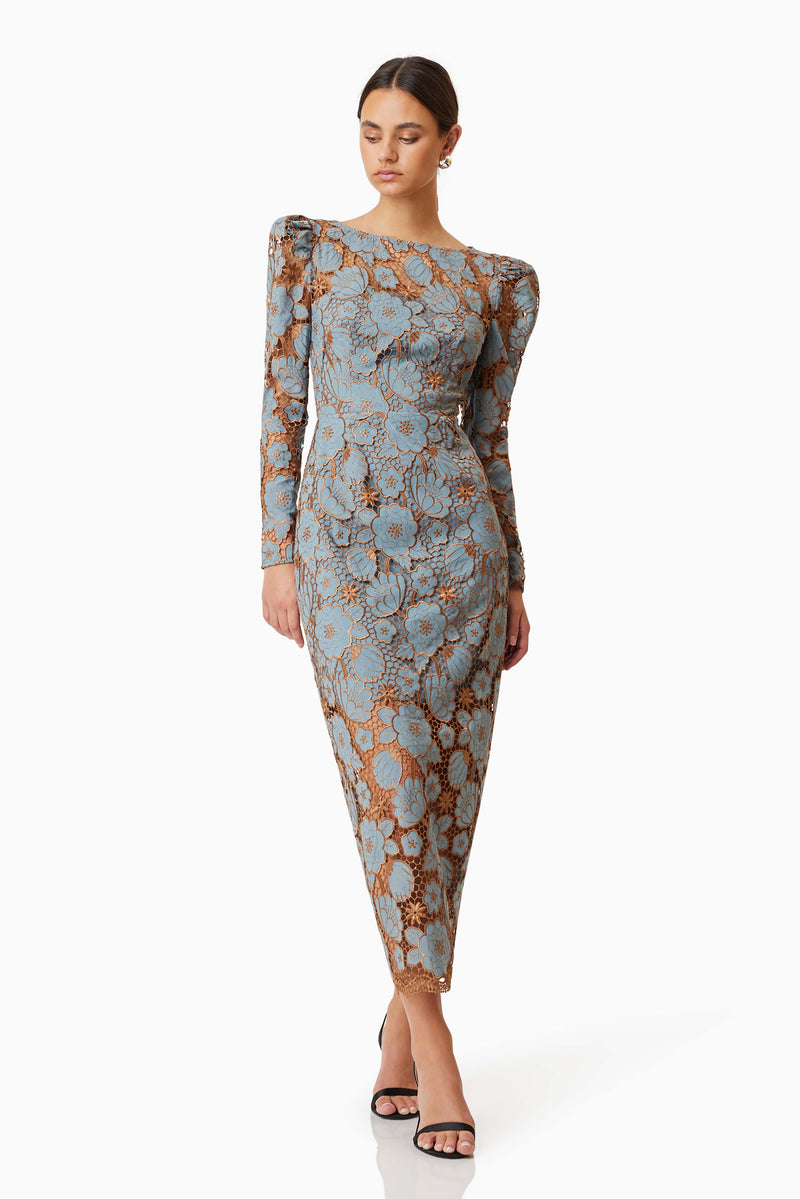 model wearing Jasmine Long Sleeve Midi Dress In Blue front shot